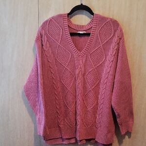 Sonoma Coral V-Neck Sweater with Cable Knit Design